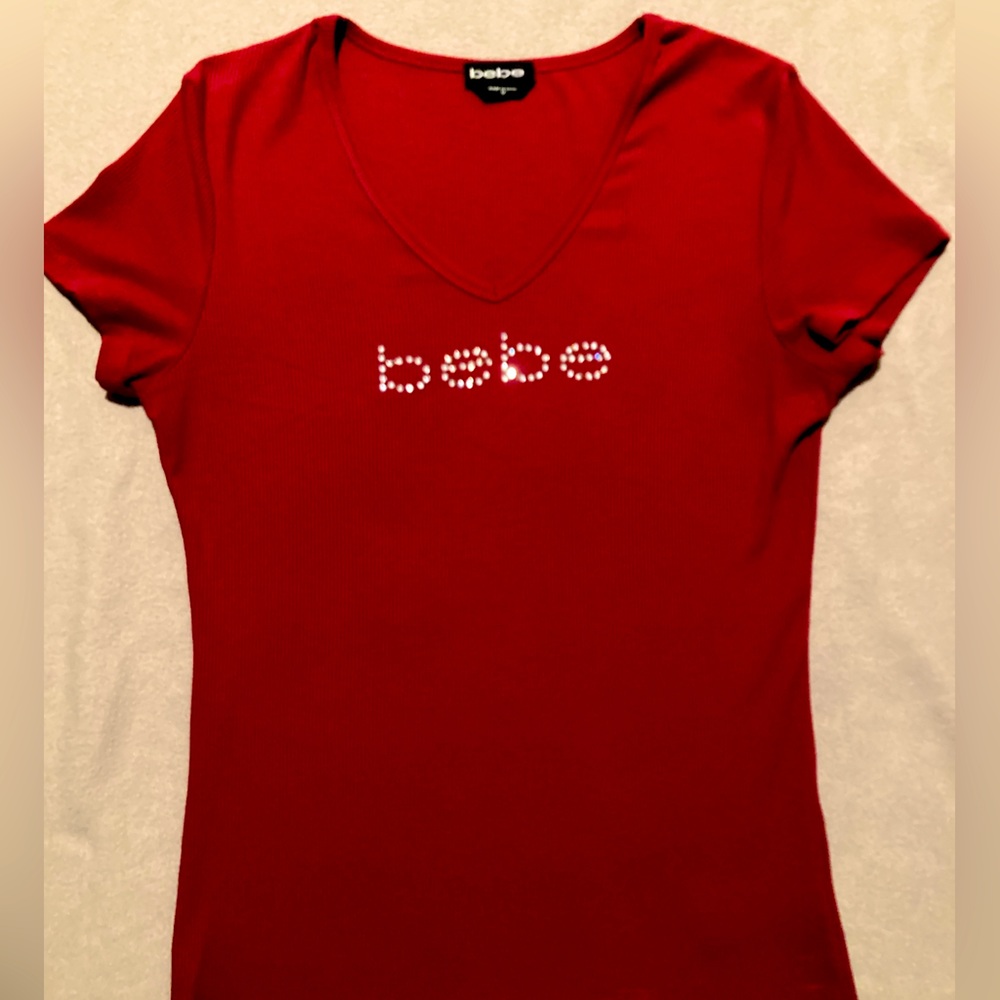Bebe sharp red bedazzled fitted top, worn once